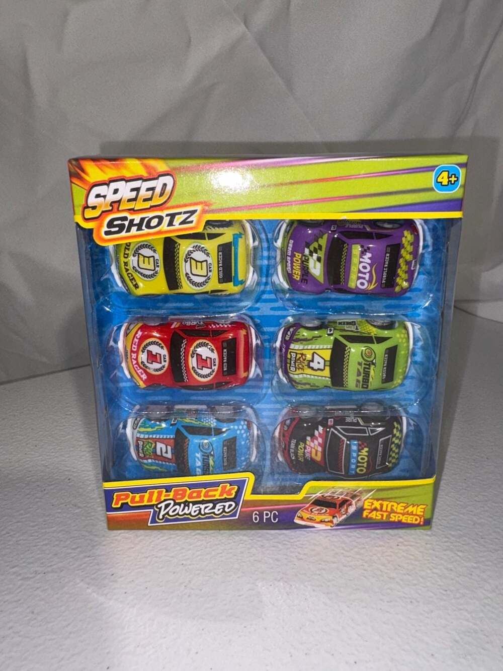 SPEED SHOTZ CARS Pull Back Race Car Set, 6 pc. Black Blue Red Green Purple Yello